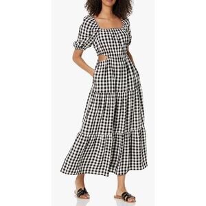 The Drop Anaya Gingham Maxi Dress Puff Sleeve A Line Cut Out Size L